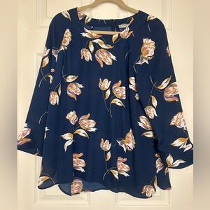 Daniel Rainn Navy Floral Blouse with Pink and Mustard Accents